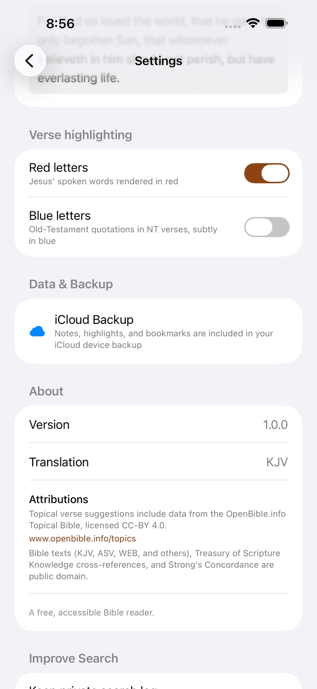 Settings: iCloud backup and About section with attributions